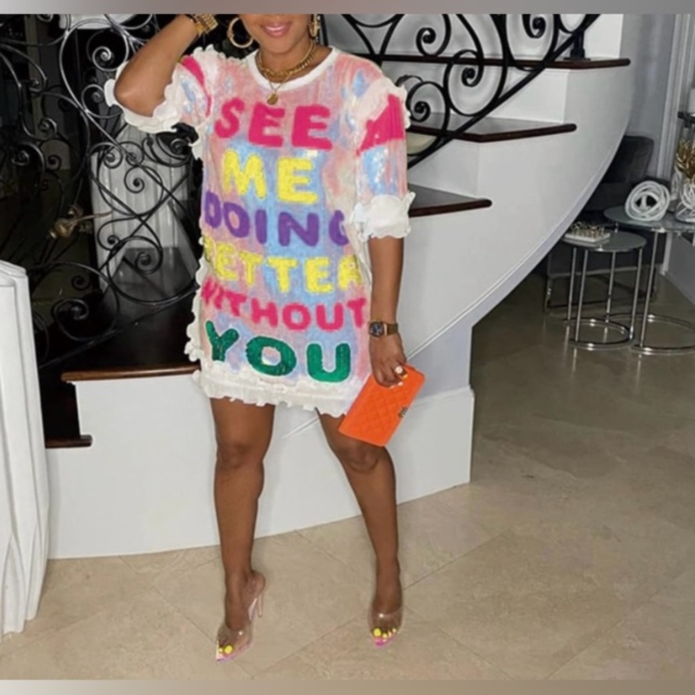 Womens Sequin Glitter Shirt Dress - Sexy  Letter Print 3/4 Sleeve Mini Dress